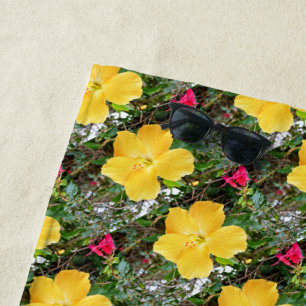 "Golden Radiance: Yellow Hibiscus Flower on a Tree Beach Towel