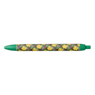 "Golden Radiance: Yellow Hibiscus Flower on a Tree Blue Ink Pen