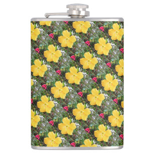 "Golden Radiance: Yellow Hibiscus Flower on a Tree Hip Flask