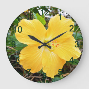 "Golden Radiance: Yellow Hibiscus Flower on a Tree Large Clock