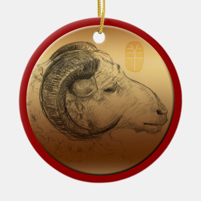 Golden Ram Year - Chinese Astrology Ceramic Tree Decoration (Front)