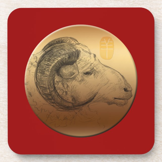 Golden Ram Year Chinese Astrology Zodiac Coaster (Front)