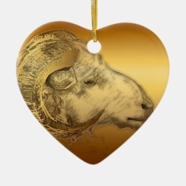 Golden Ram Year Chinese Zodiac Aries Heart O Ceramic Ornament (Front)