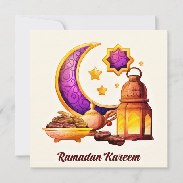 Golden Ramadan Kareem  with lantern and stars Holiday Card (Front)