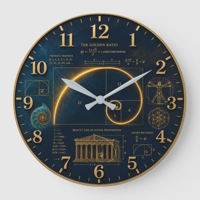 Golden Ratio Fibonacci Spiral Mathematics Large Clock (Front)