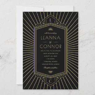 Golden Rays Initials Art Deco Wedding Invitation