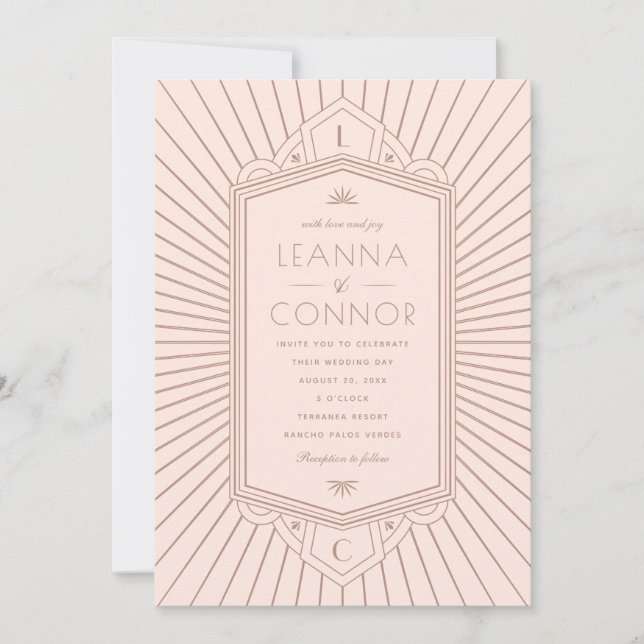 Golden Rays Initials Rose Gold Art Deco Wedding Invitation (Front)