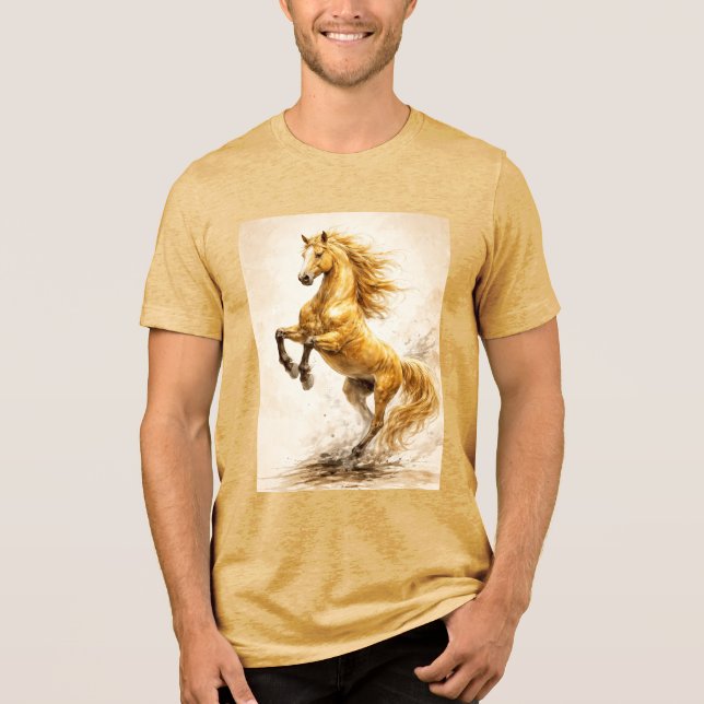 Golden Rearing Horse – Cinematic Ink Painting Tri-Blend Shirt (Front)