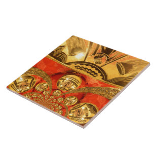 Golden red African traditional art Ceramic Tile
