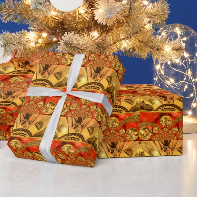 Golden red African traditional art Wrapping Paper (Holidays)