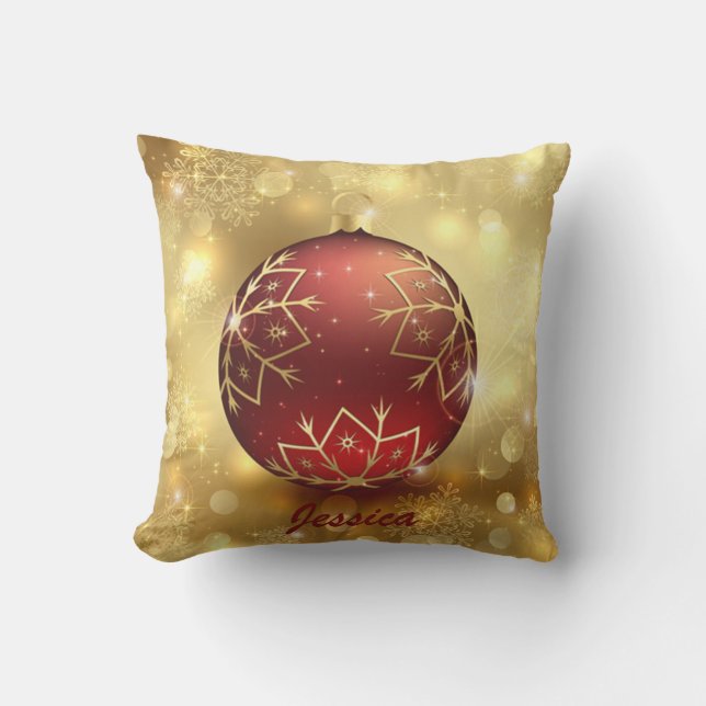Golden & Red Christmas Ball Holiday Cushion (Front)