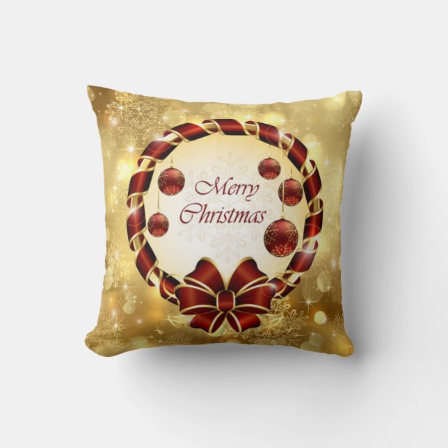 Golden & Red christmas Wreath with Bow & Snowflake Cushion (Front)