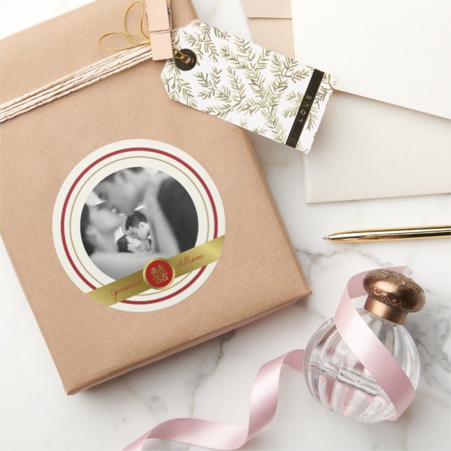 Golden Red Double Happiness Photo Chinese Wedding Classic Round Sticker (Gifting)