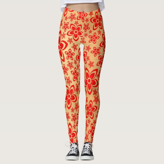 Golden Red floral art Leggings (Front)