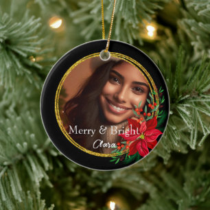 Golden Red Green Christmas Wreath Custom Photo Ceramic Ornament
