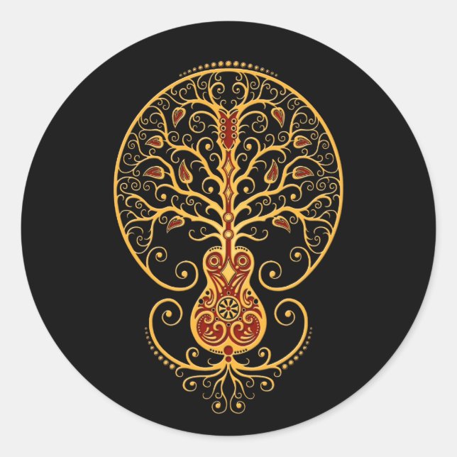 Golden Red Guitar Tree of Life on Black Classic Round Sticker (Front)