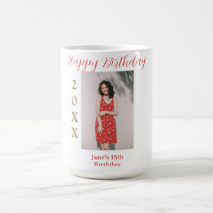Golden red happy 15th birthday photo name year sim coffee mug