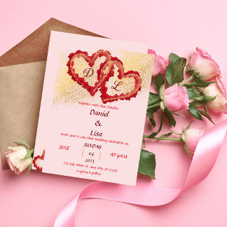 Golden red hearts wedding invitation