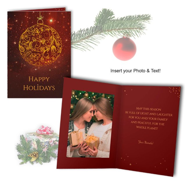 Golden-red Holiday Card with your Photo & Text  (Creator Uploaded)