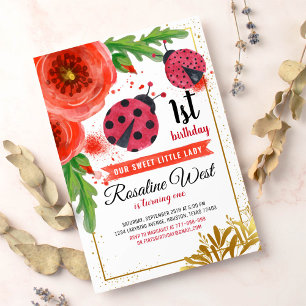 Golden Red Ladybug Watercolour First Birthday Invitation