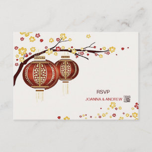 Golden Red Lanterns Cherry Tree Fu Chinese RSVP Card