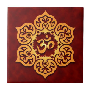 Golden Red Lotus Flower Om Ceramic Tile