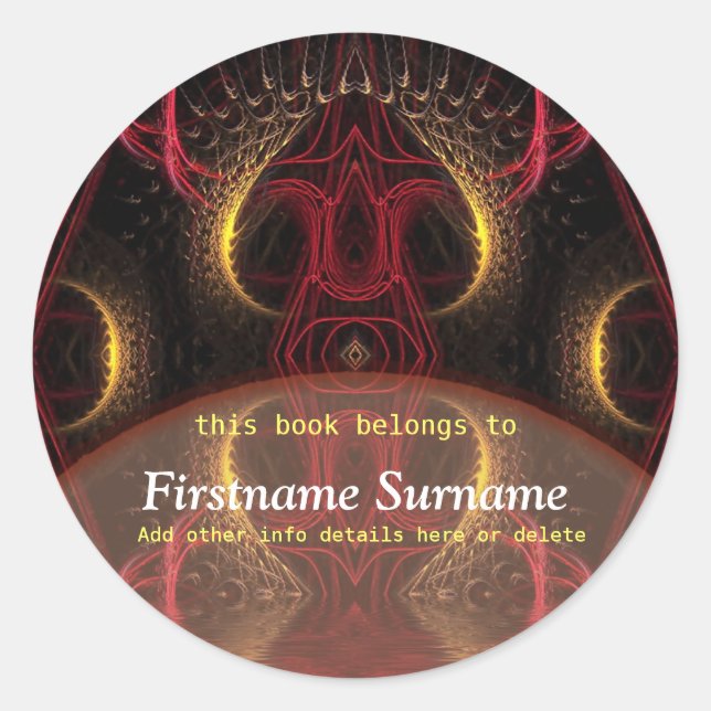 Golden Red Mushroom Fractal Art Bookplate Sticker (Front)