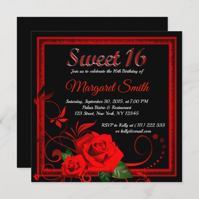 Golden red rose sweet 16 invitation v2 (Front/Back)