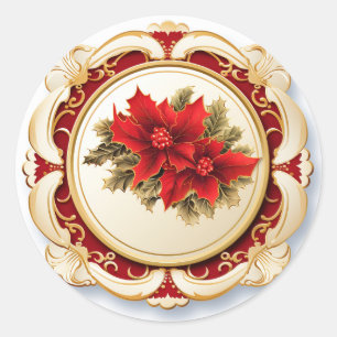 Golden Red Scroll Poinsettia Classic Round Sticker