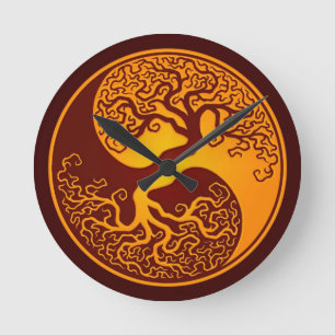 Golden Red Tree of Life Yin Yang Round Clock