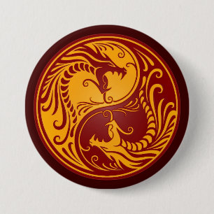 Golden Red Yin Yang Dragons 7.5 Cm Round Badge