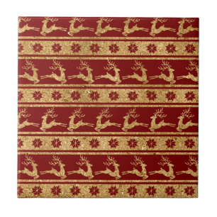 Golden Reindeer and Snowflakes on Red - Christmas Ceramic Tile
