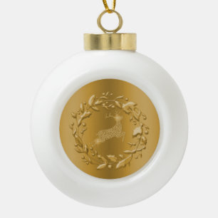 Golden Reindeer and Wreath Christmas Ceramic Ball Christmas Ornament