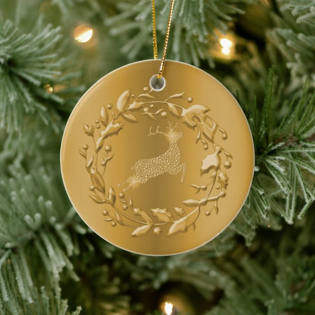 Golden Reindeer and Wreath Christmas Ceramic Tree Decoration (Tree)