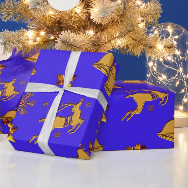 Golden Reindeer Blue Christmas Wrapping Paper (Creator Uploaded)
