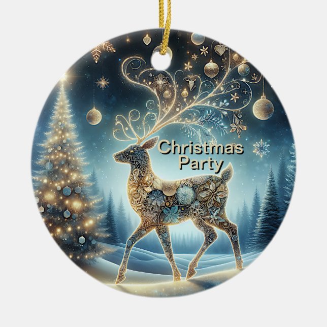 Golden Reindeer Christmas Blue Sky Beautiful Ceramic Ornament (Front)