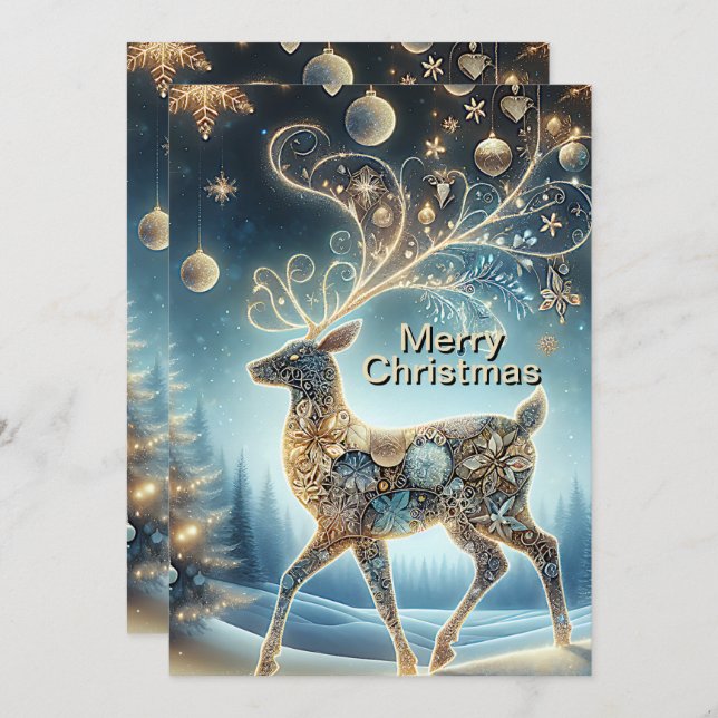 Golden Reindeer Christmas Ornaments Blue Sky Holiday Card (Front/Back)