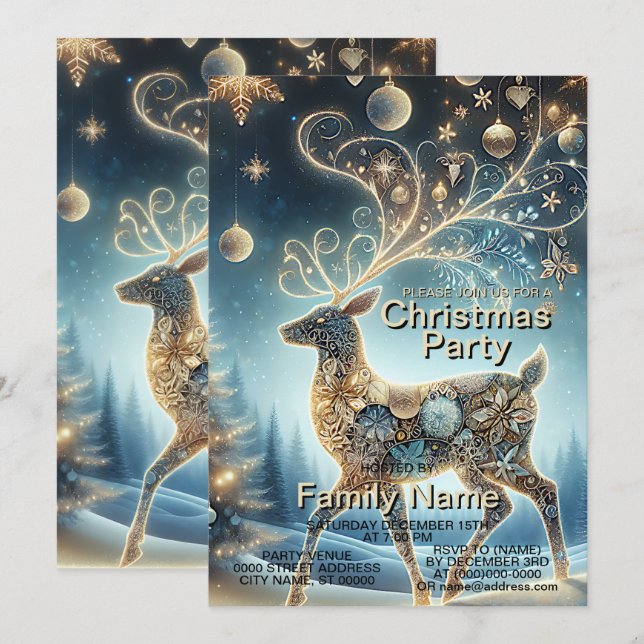 Golden Reindeer Christmas Ornaments Blue Sky  Invitation (Front/Back)
