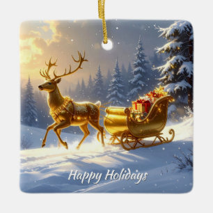 Golden Reindeer Golden Sleigh Ceramic Ornament