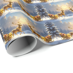 Golden Reindeer Golden Sleigh Holiday Wrapping Paper