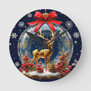 Golden Reindeer Inside Christmas Ornament Globe Round Clock