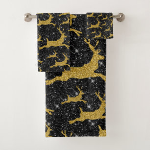 Golden Reindeer Merry Christmas Xmas Holiday Black Bath Towel Set