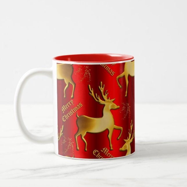 Golden Reindeer on Red Christmas Two-Tone Coffee Mug (Left)