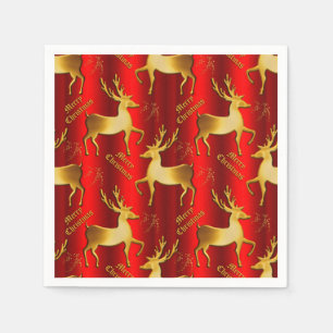 Golden Reindeer on Red Merry Christmas Napkin