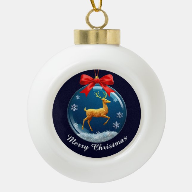 Golden Reindeer Ornament With Red Bow (Front)