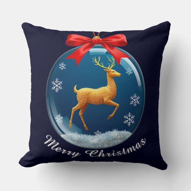 Golden Reindeer Ornament With Red Bow Cushion (Front)