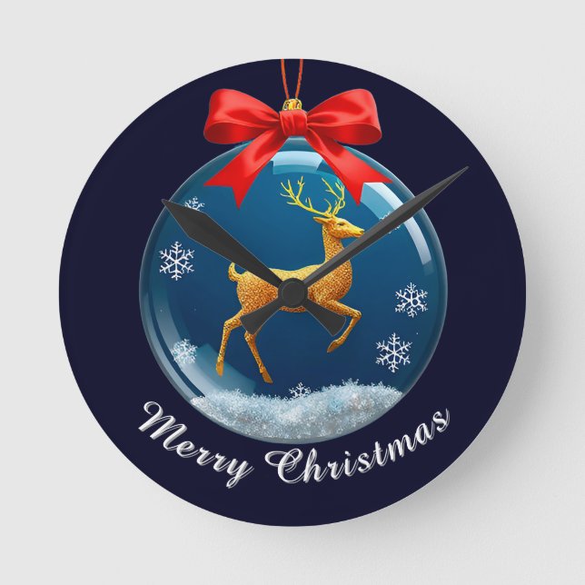 Golden Reindeer Ornament With Red Bow Round Clock (Front)