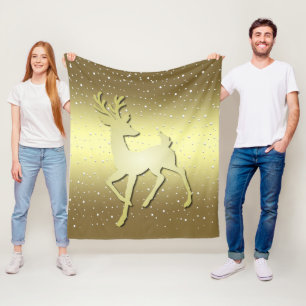 Golden Reindeer Snowy Fleece Blanket