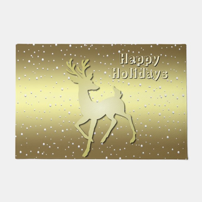 Golden Reindeer Snowy Holiday Doormat (Front)