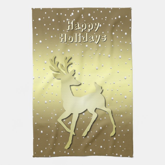Golden Reindeer Snowy Holiday Kitchen Towel (Vertical)
